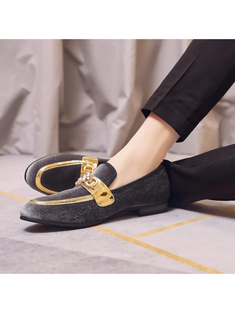 Mens Grey Silver Velvet Gold Horse Bit Classic Loafer Slip On Casual Dress Shoes